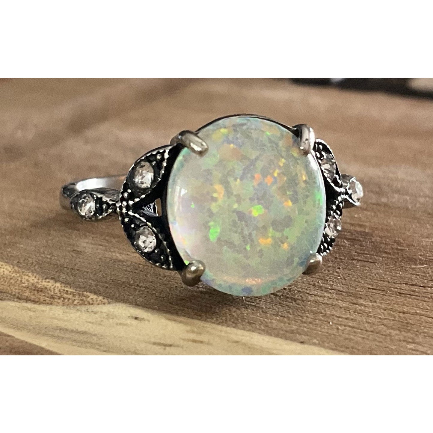 Vintage Sterling Silver Opal Ring Size 7.5 Oval Fire Opal Style Statement Ring