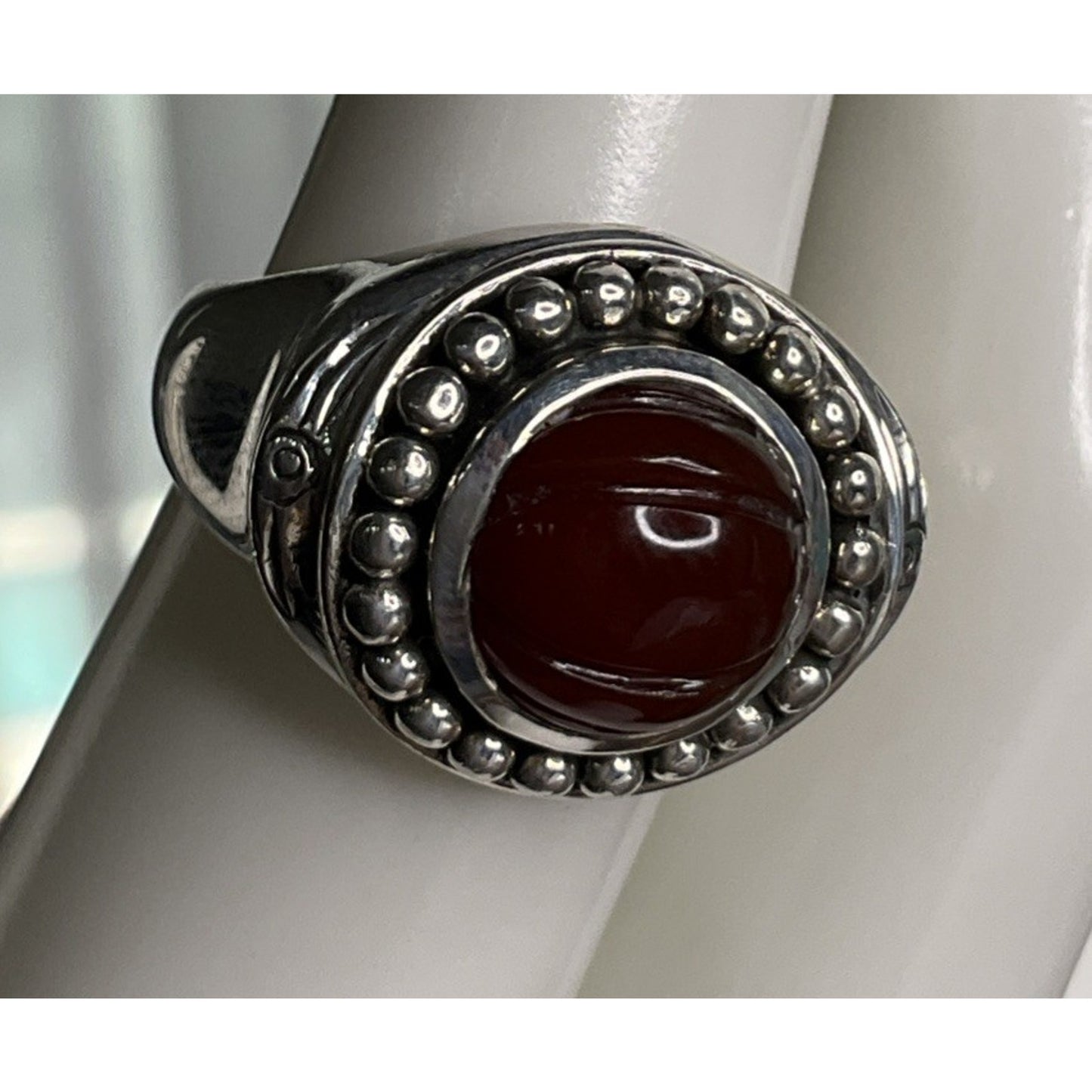 Vintage Doug Paulus DP India Sterling Silver Round Beaded Carnelian Ring Sz 6.5