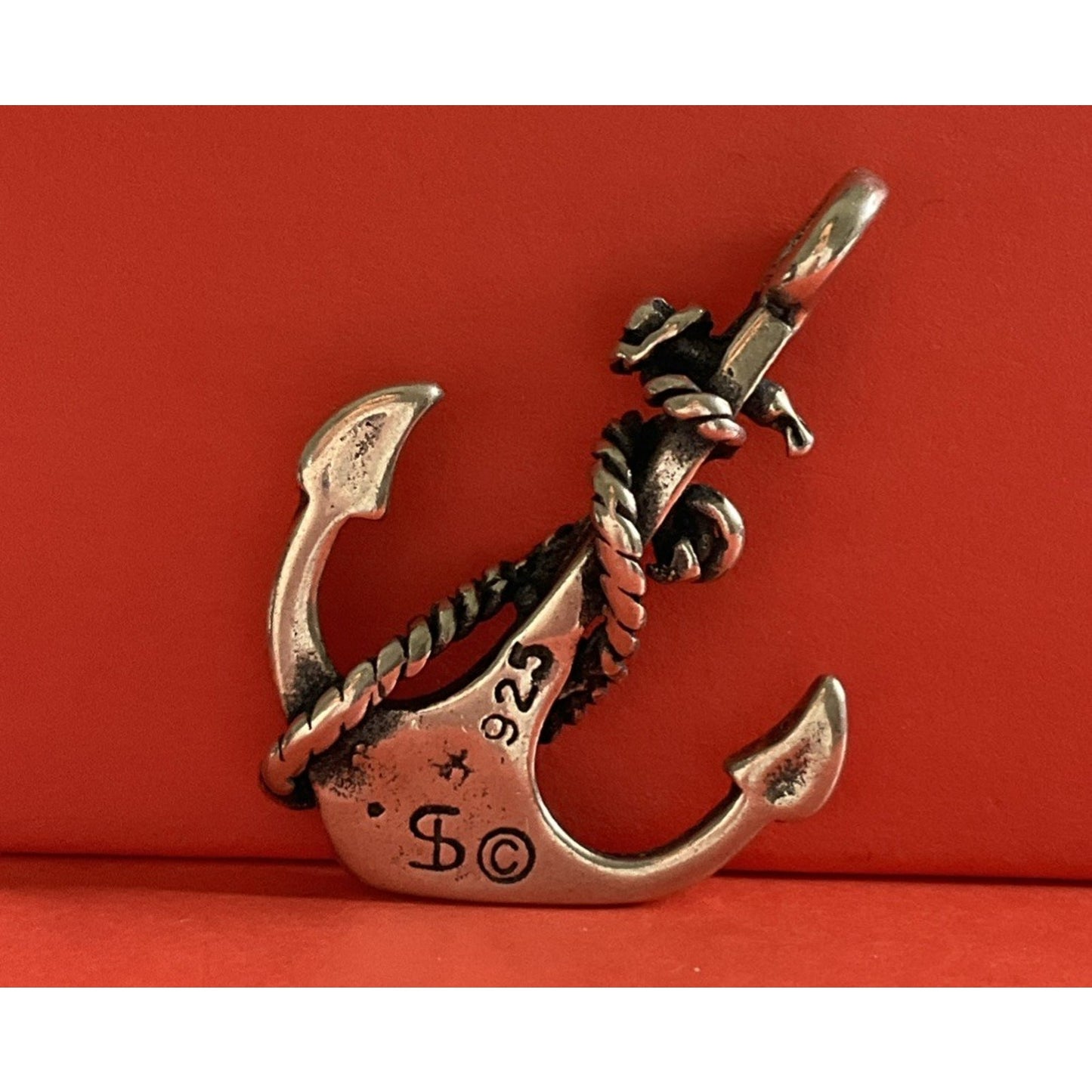 Vintage Sterling Silver Nautical Anchor Charm Pendant Rope Detail Sailor Boho
