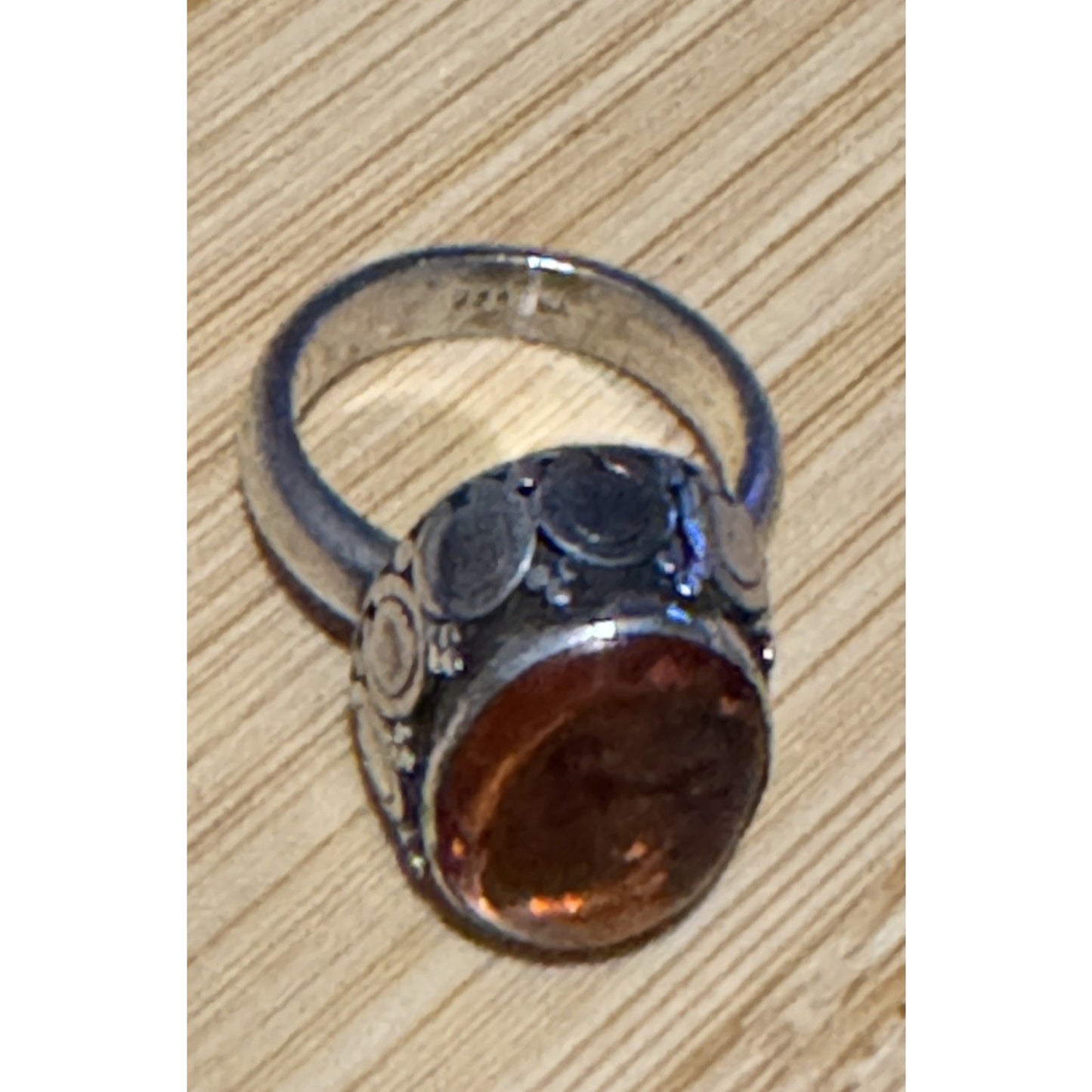 Vintage Artisan Sterling Silver Honey Amber Cabochon Statement Ring Sz 7 80-90s