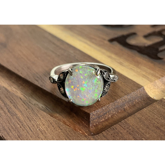 Vintage Sterling Silver Opal Ring Size 7.5 Oval Fire Opal Style Statement Ring