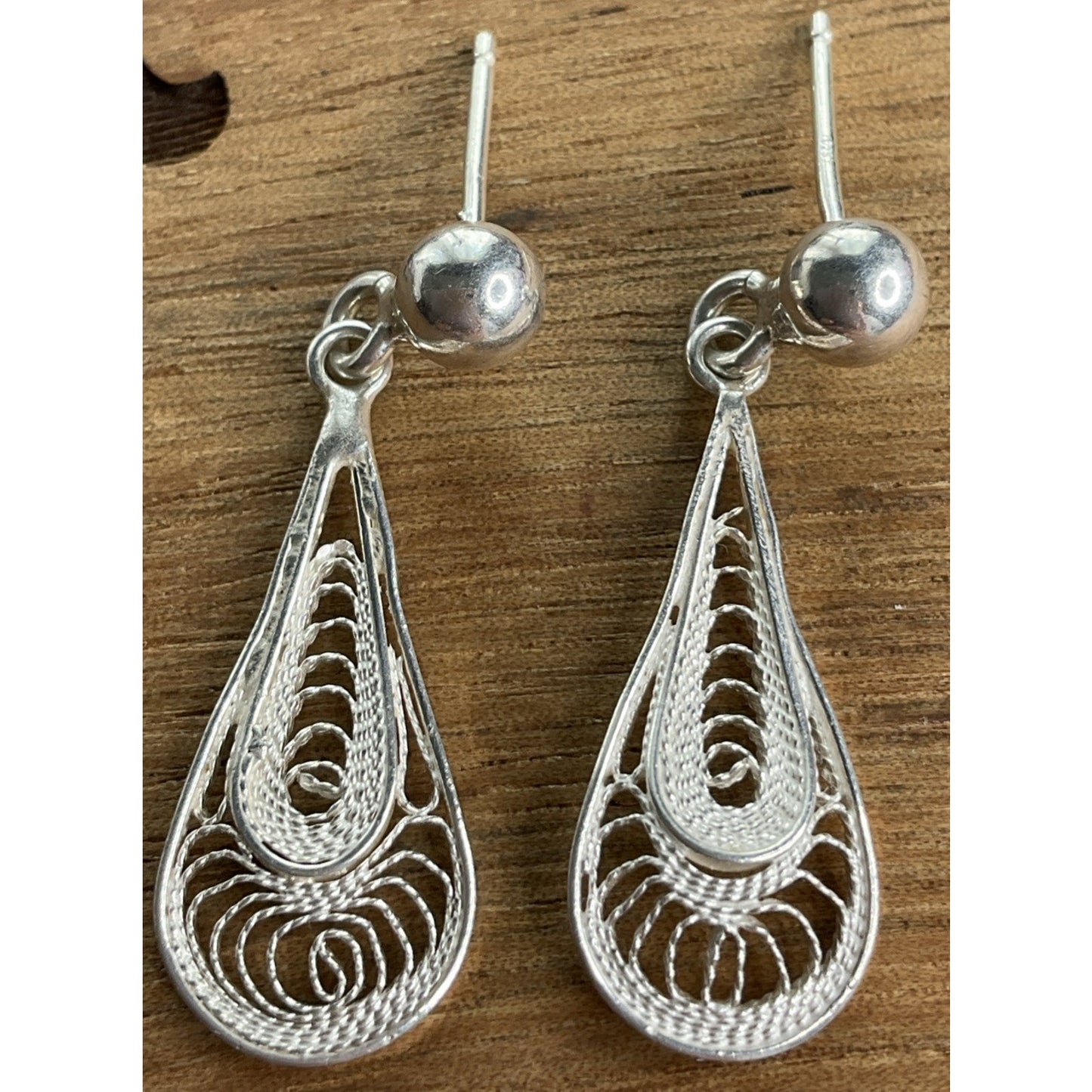 Vintage Sterling Silver Filigree Drop Earrings Dainty Light Teardrop Design