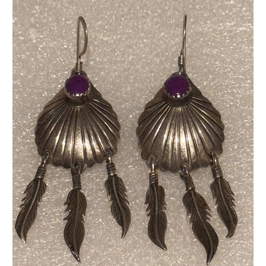 Vintage Native American Navajo Sterling Silver Feather Purple Sugilite Earrings