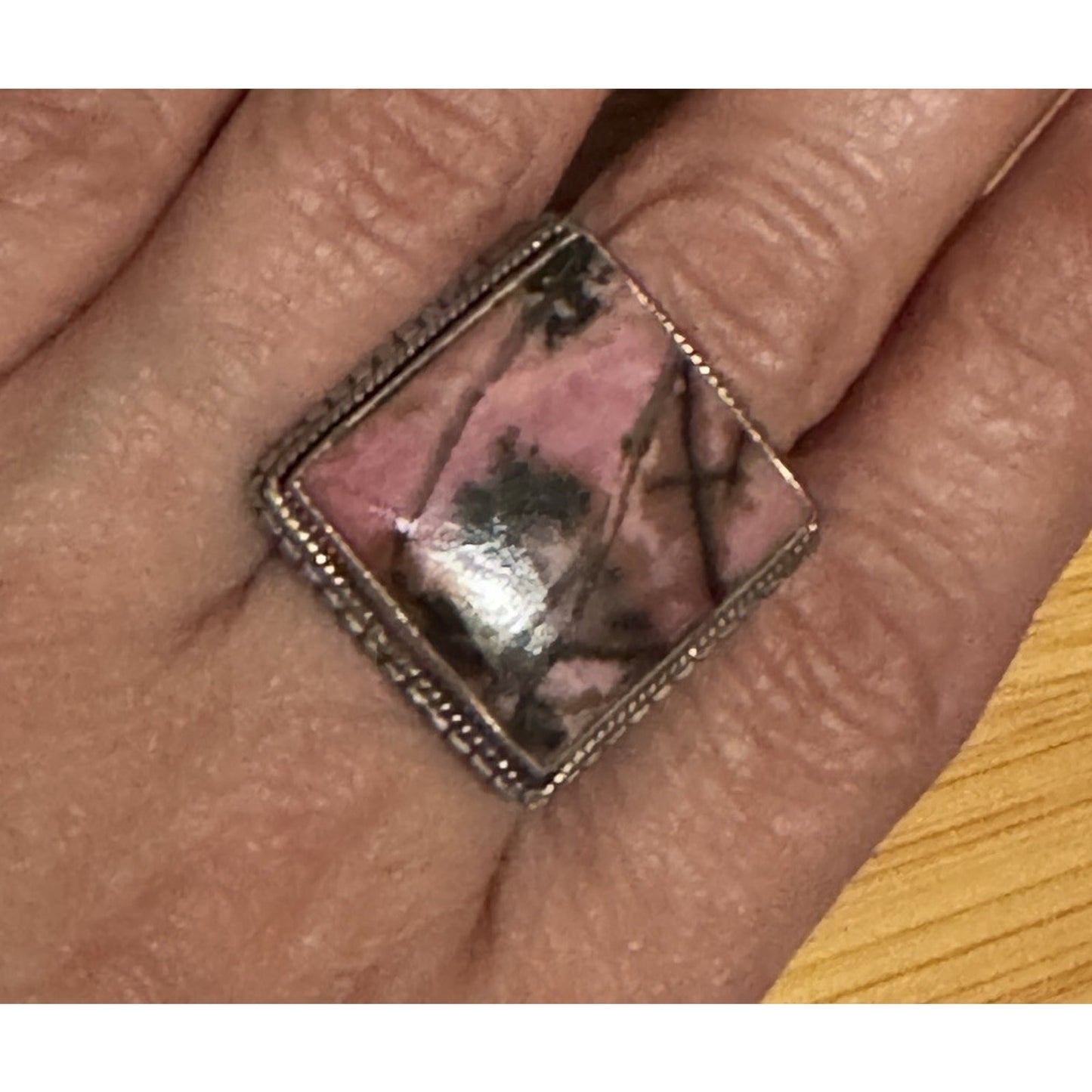 Estate Vintage Sterling Silver Rhodonite Artisan Geometric Statement Ring Size 9