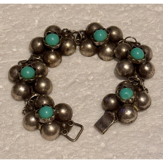 Vintage Mexico Silver Turquoise Cluster Bracelet 7.25” 21g Pre Eagle Sterling