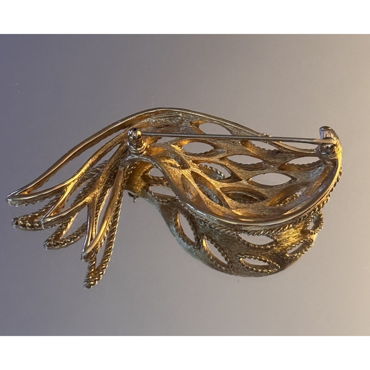 Vintage Monet Gold Tone Leaf Spray Brooch Large Openwork Textured Signed 3”