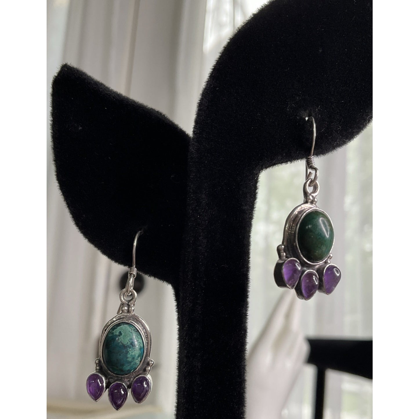 Sterling Silver Chrysocolla Amethyst Purple Dangle Earrings Boho 925