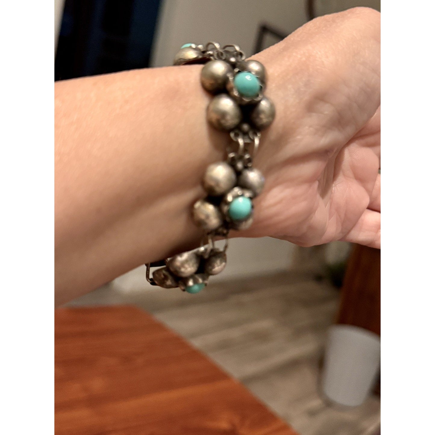 Vintage Mexico Silver Turquoise Cluster Bracelet 7.25” 21g Pre Eagle Sterling