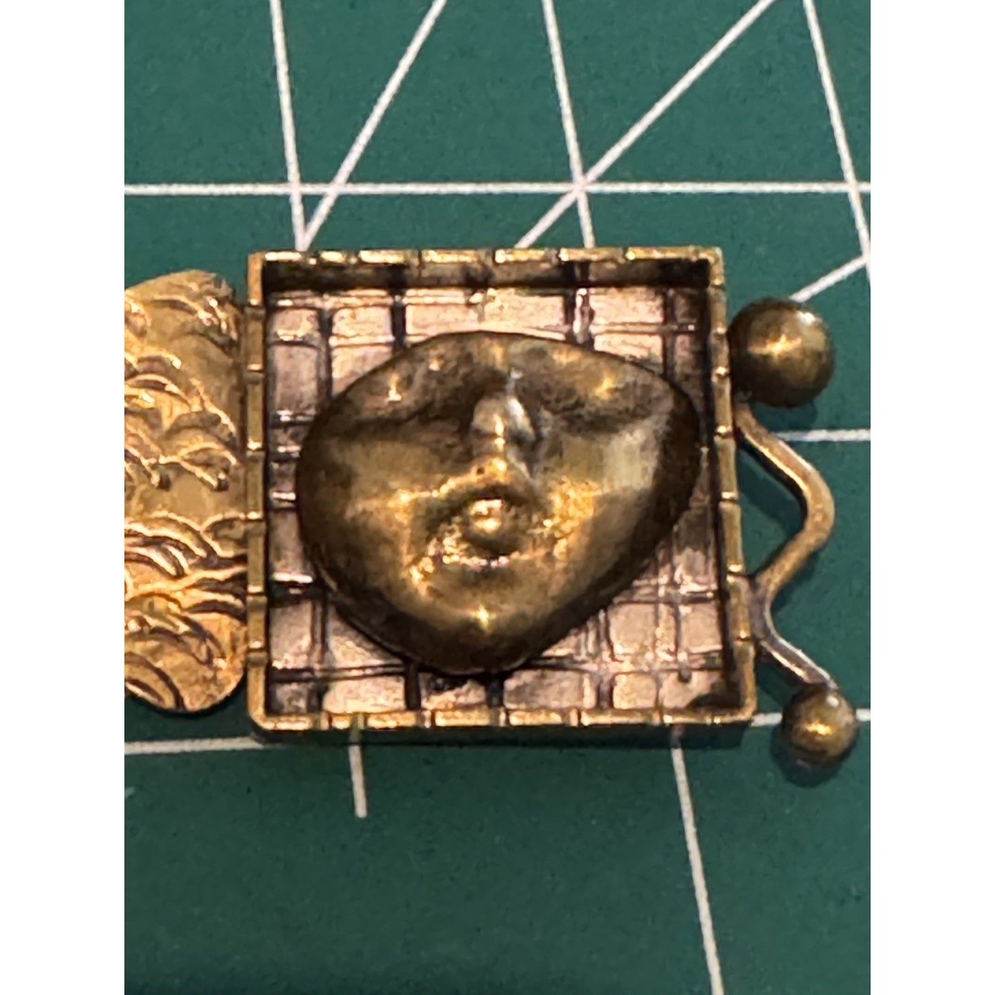 Mary Lucuk Sterling Silver Brass Face Brooch Artisan Modernist Pin Blue Cabachon