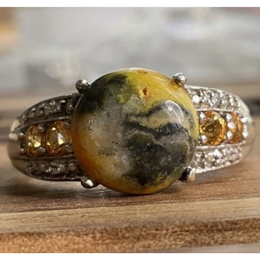 Vintage Bumblebee Jasper Yellow Green Cabochon Sterling Silver Ring Size 8.5