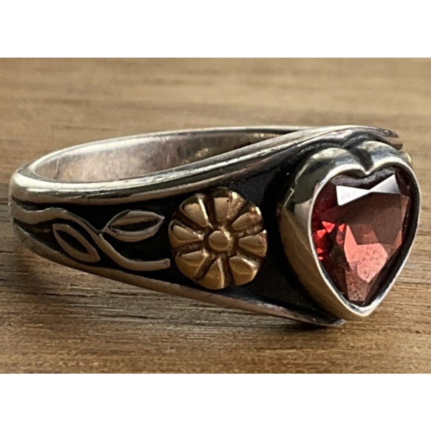 Retired James Avery Sterling Silver And 14k Gold Garnet Red Heart Ring Size 6