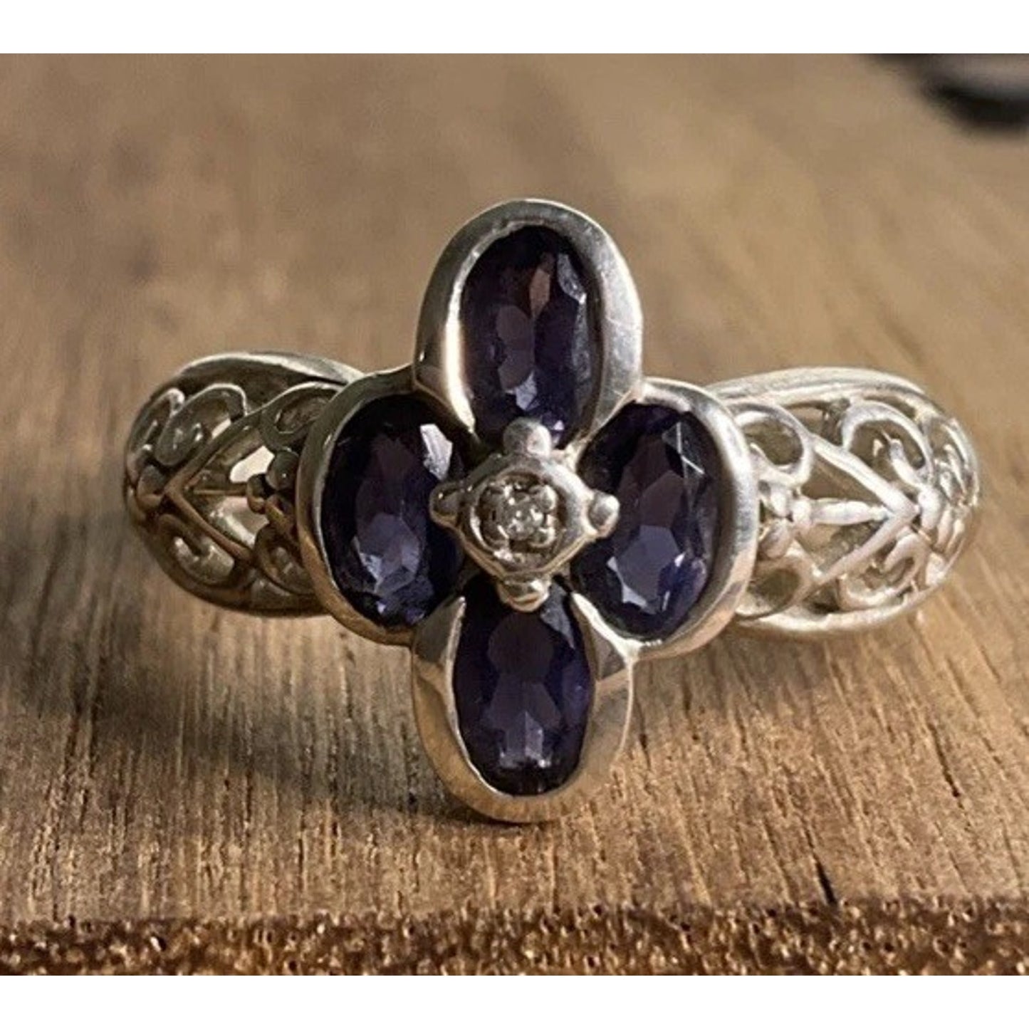 Vintage 925 Sterling Silver Amethyst Purple Gemstone Flower Ring Size 7.5