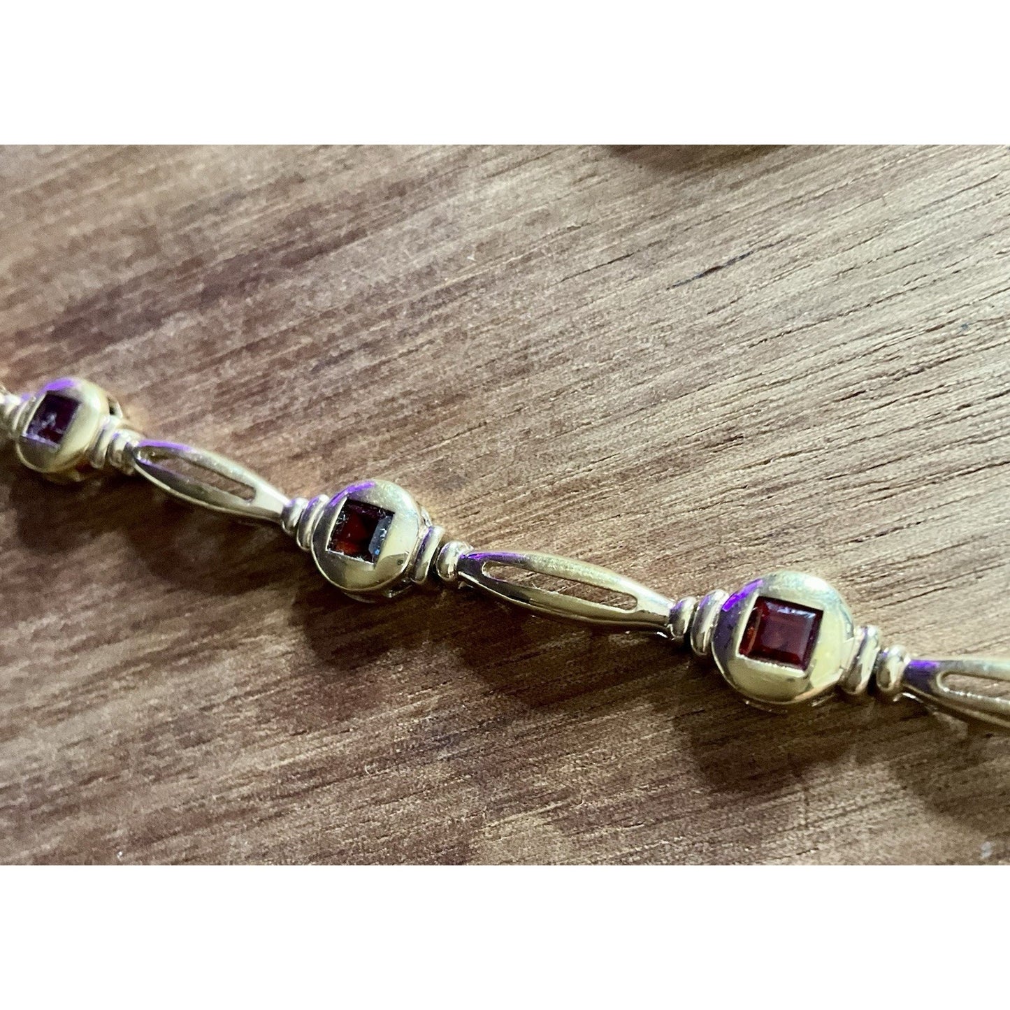 Vintage 925 Sterling Silver Gold Plated Garnet Link Bracelet 7.75” Thailand