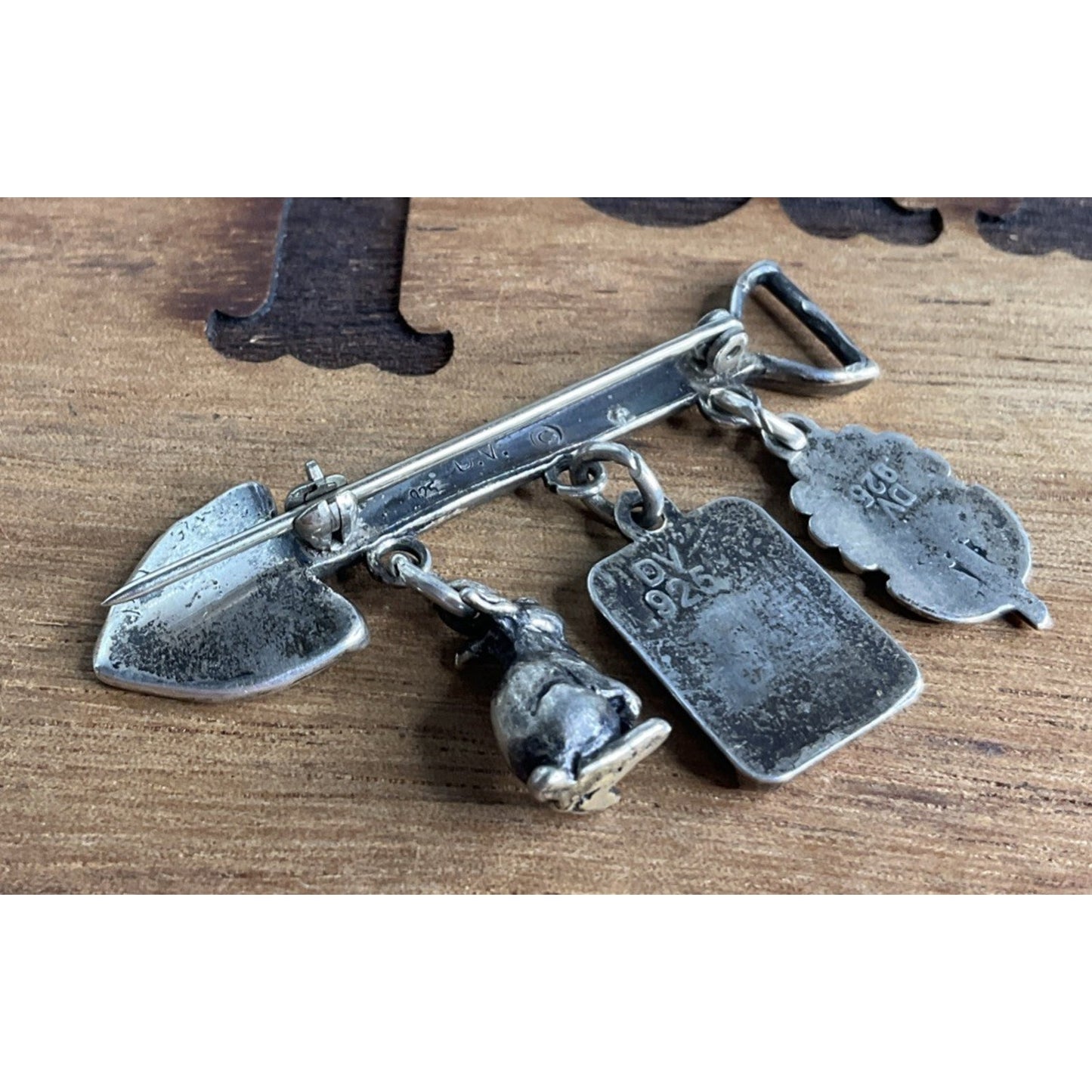 Vintage Sterling Silver Garden Charm Brooch DV 925 Shovel Rabbit Seeds Pin