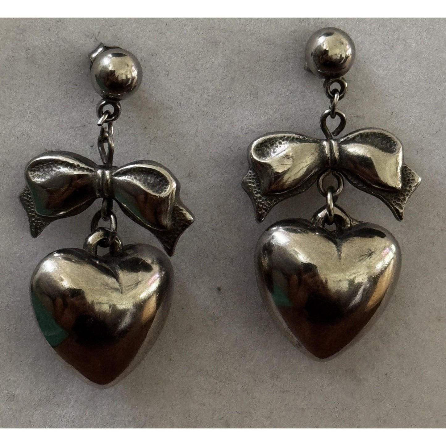Vintage Sterling Silver 925 Bow Puffy Heart Dangle Earrings 1980s - 1990s