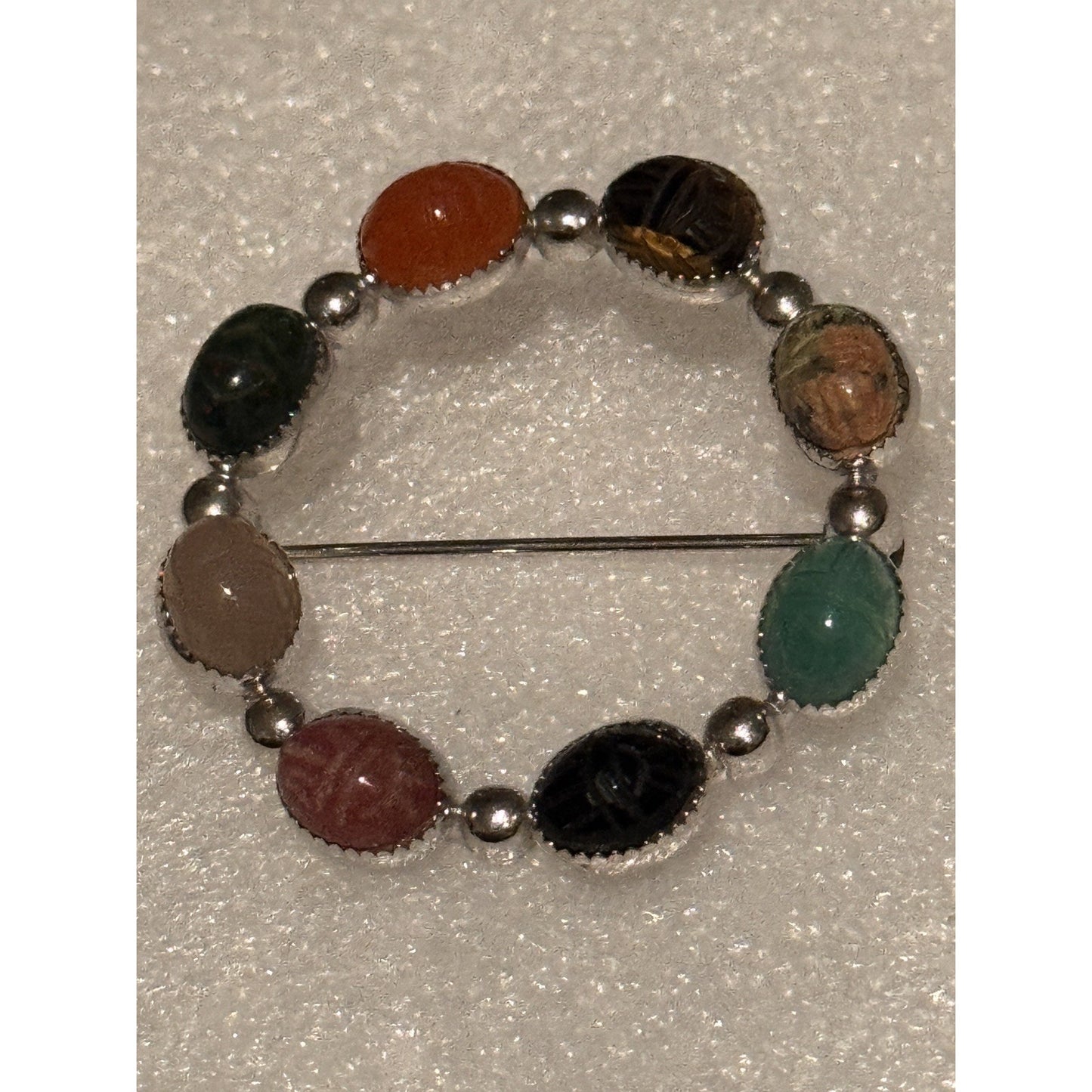 Vintage Sterling Silver Multi Stone Brooch Carnelian Tiger Eye Jasper Aventurine