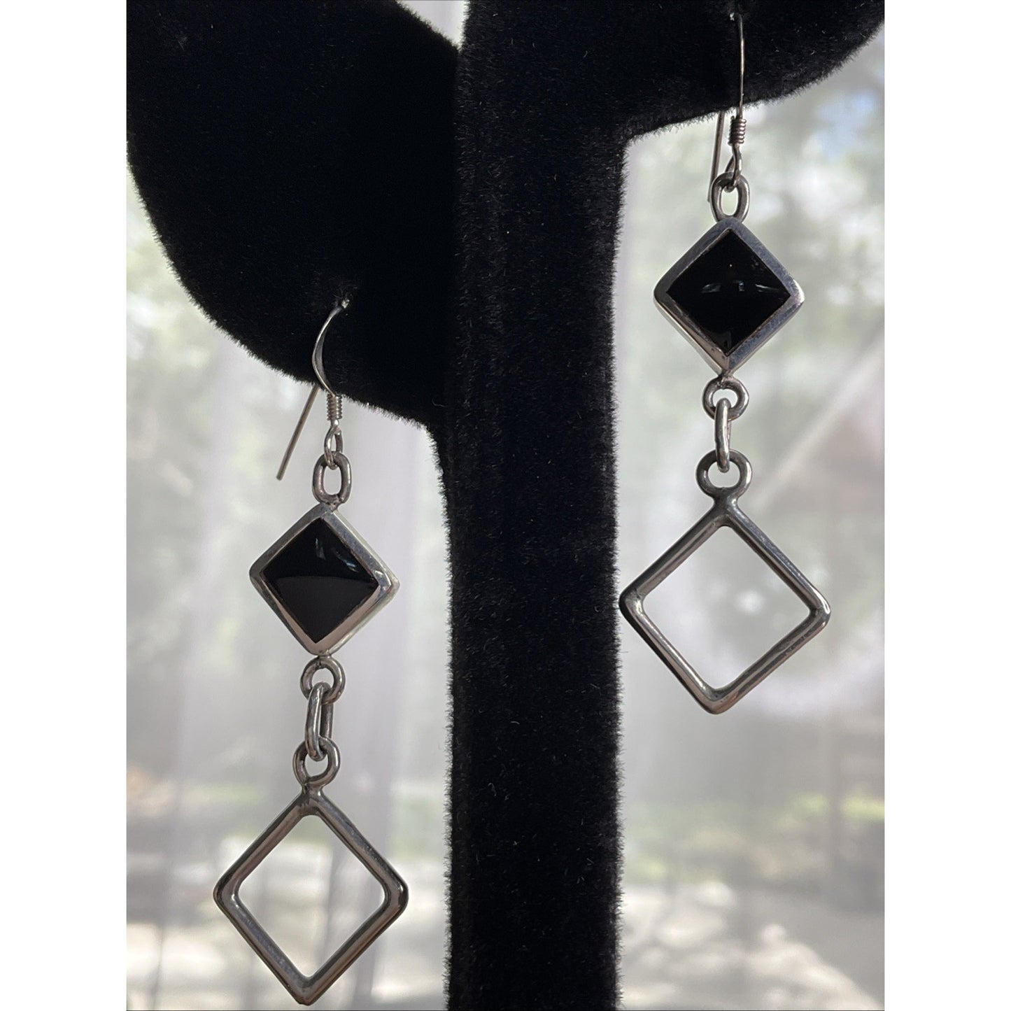 Vintage VC Sterling Silver Black Onyx Square Open Geometric Dangle Drop Earrings