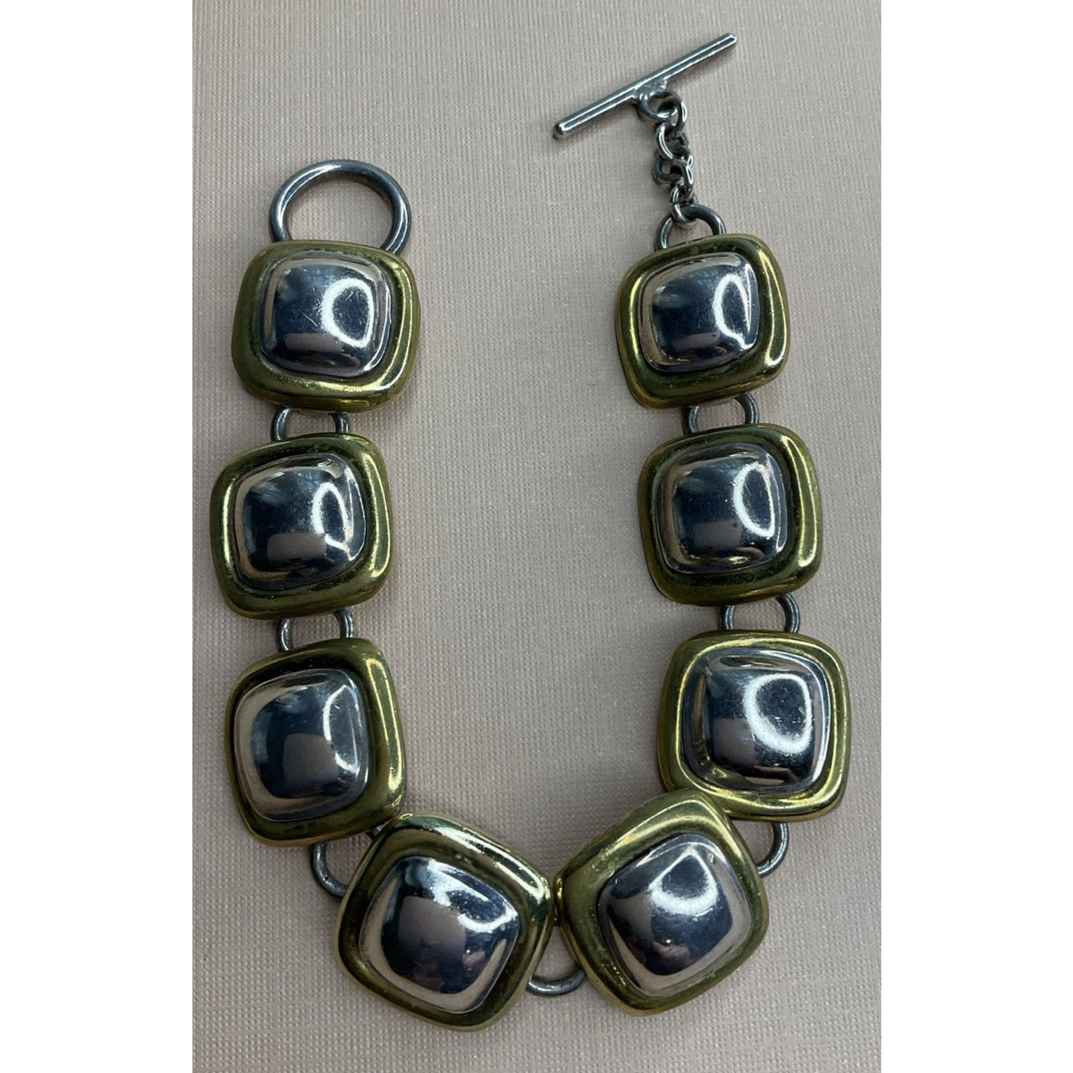 Mexico 925 Sterling Silver Two Tone Square Link Bracelet 36g Toggle 7.5”