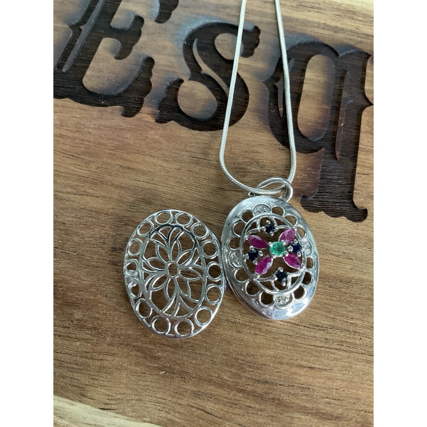 Vintage Sterling Silver Locket Necklace 925 Italy GRP Multi Stone