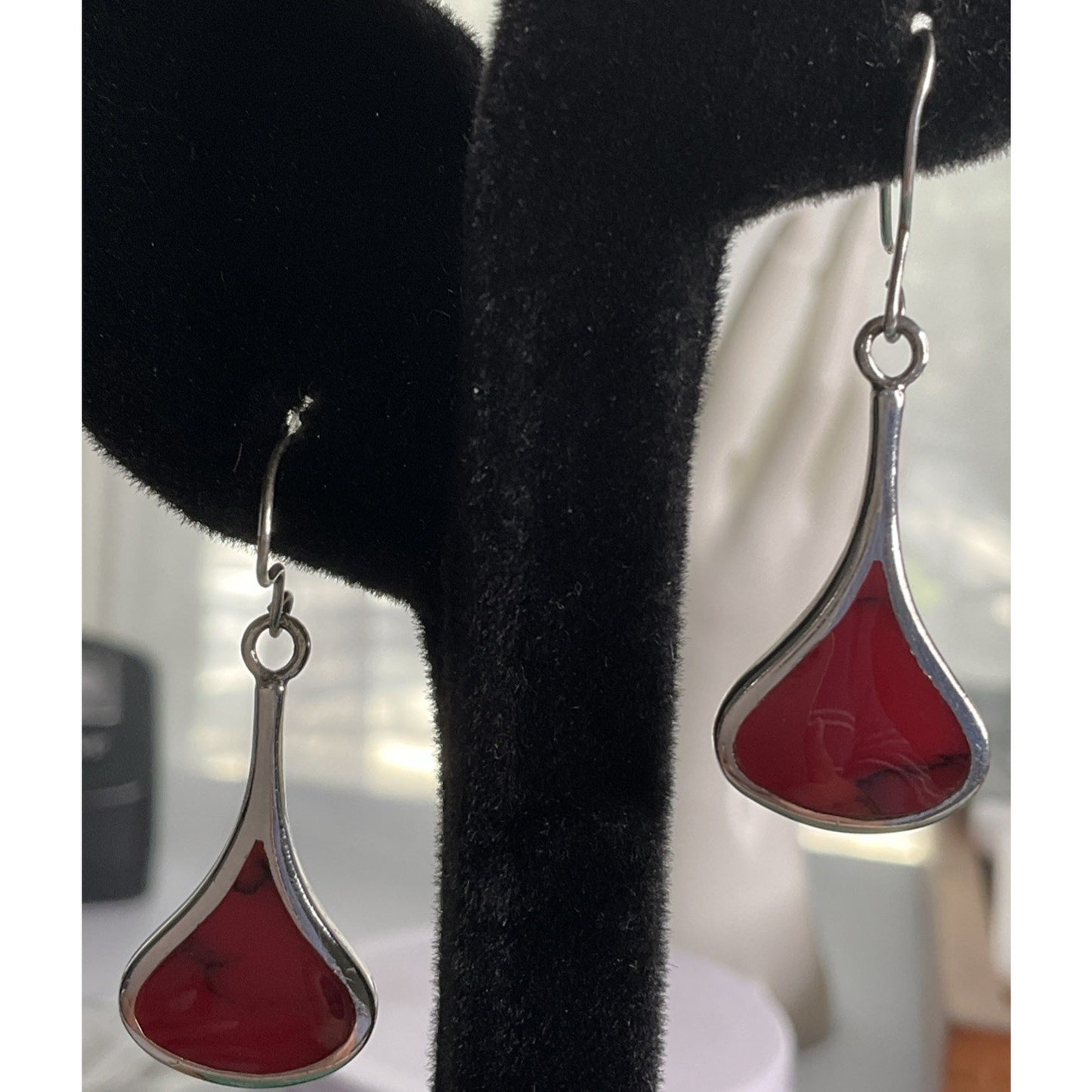 Vintage ATI Thailand 925 Sterling Silver Red Jasper Dangle Drop Earrings