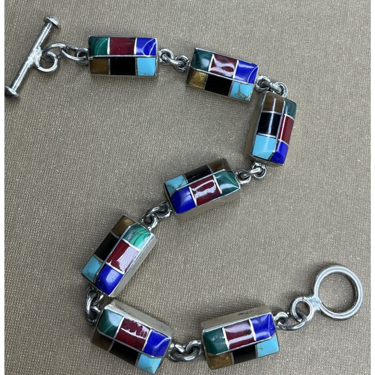 Vintage Mexico 925 Sterling Silver Multi Stone Inlay Link Bracelet 31g 7.5