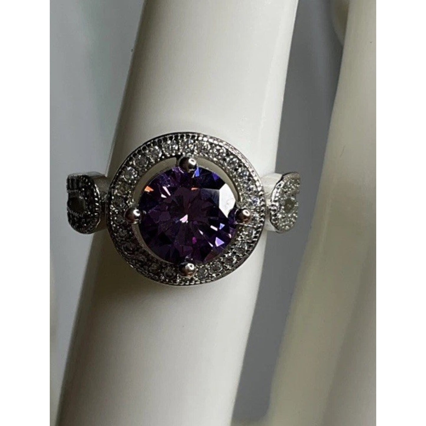 Sterling Silver Purple Halo Ring S925 Vintage Style CZ Size 6.5