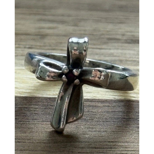 James Avery Retired Sterling Silver Garnet Ribbon Cross Ring Size 5