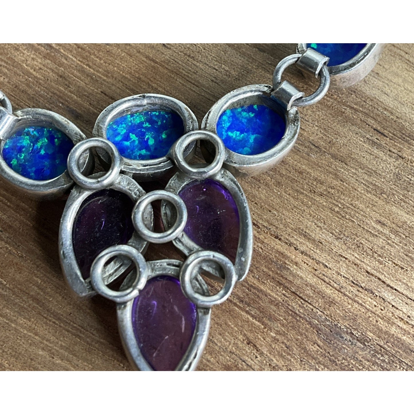 Sterling Silver Blue Opal Amethyst Necklace Statement 925