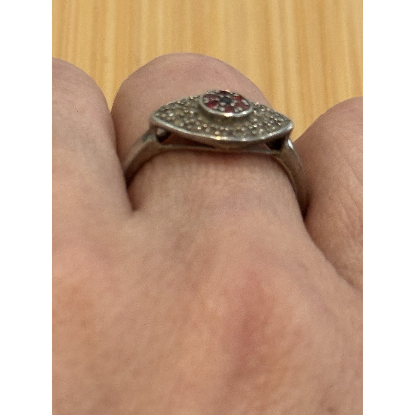 Vintage HSN Rarities Carol Brodie Sterling Silver Evil Eye Red Sapphire Ring Sz