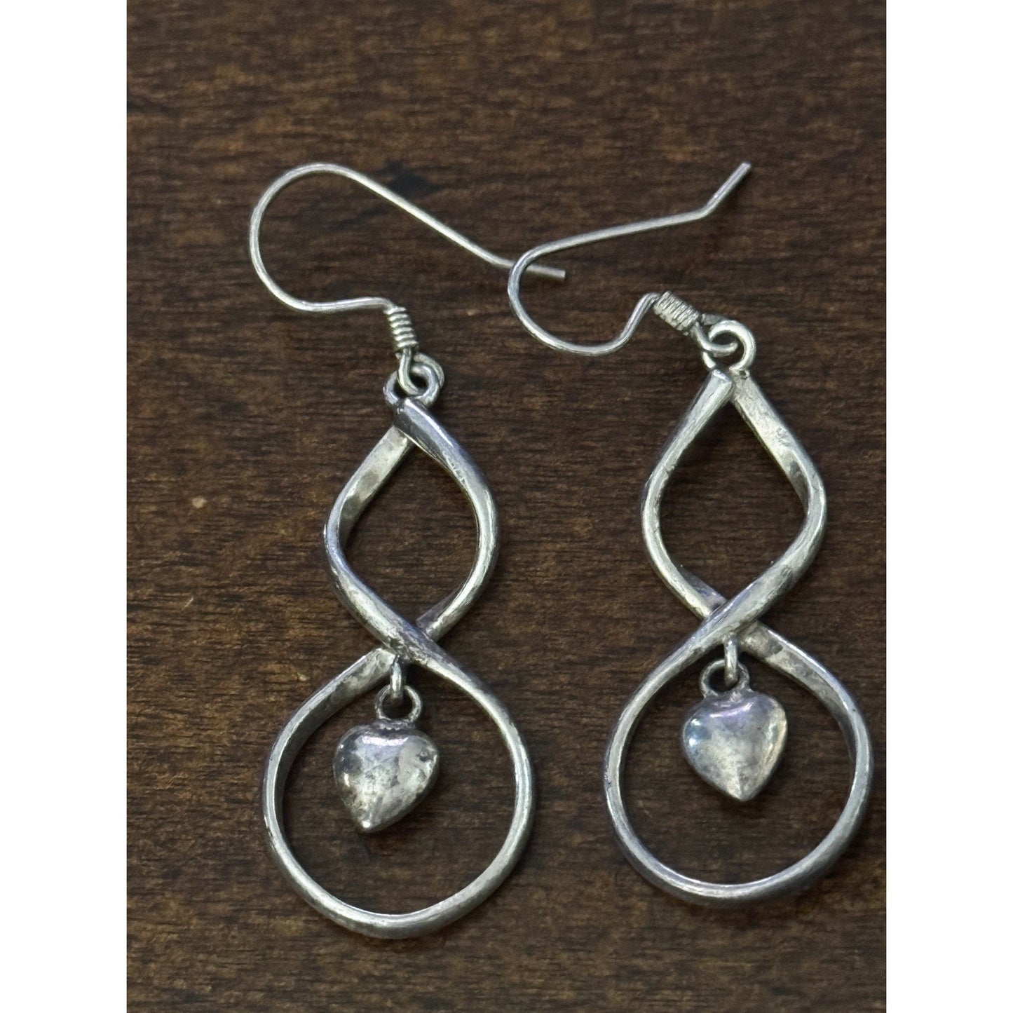 Vintage 90s Sterling Silver 925 Dangle Drop Infinity Heart Hook Earrings 2” Long