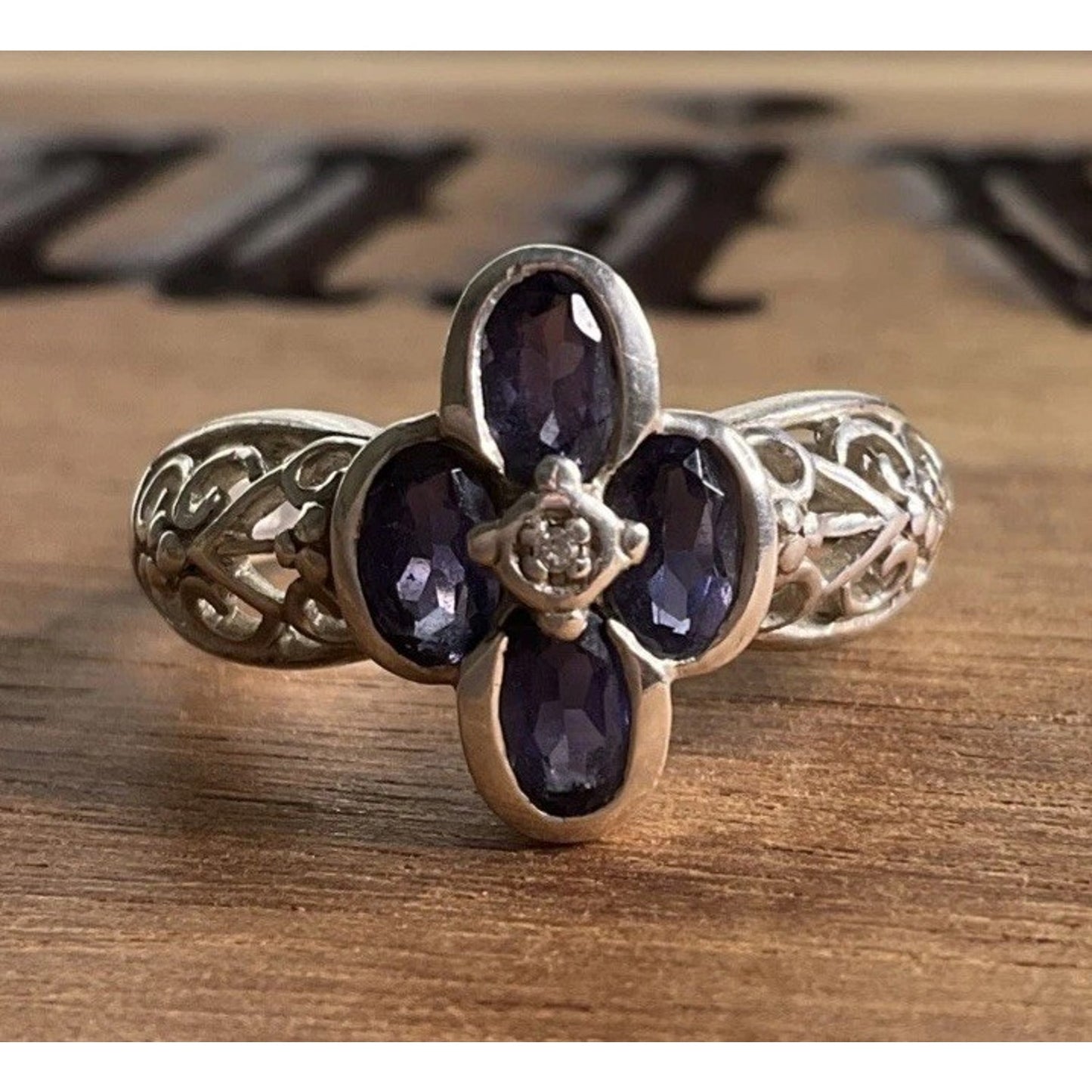 Vintage 925 Sterling Silver Amethyst Purple Gemstone Flower Ring Size 7.5