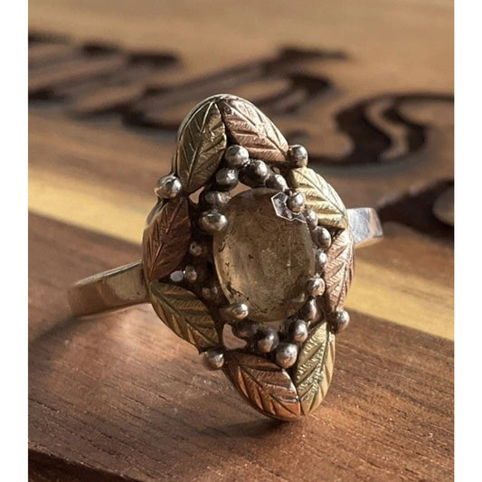 Vintage Sterling Silver Black Hills Leaf Ring Size 10.5 Smoky Quartz