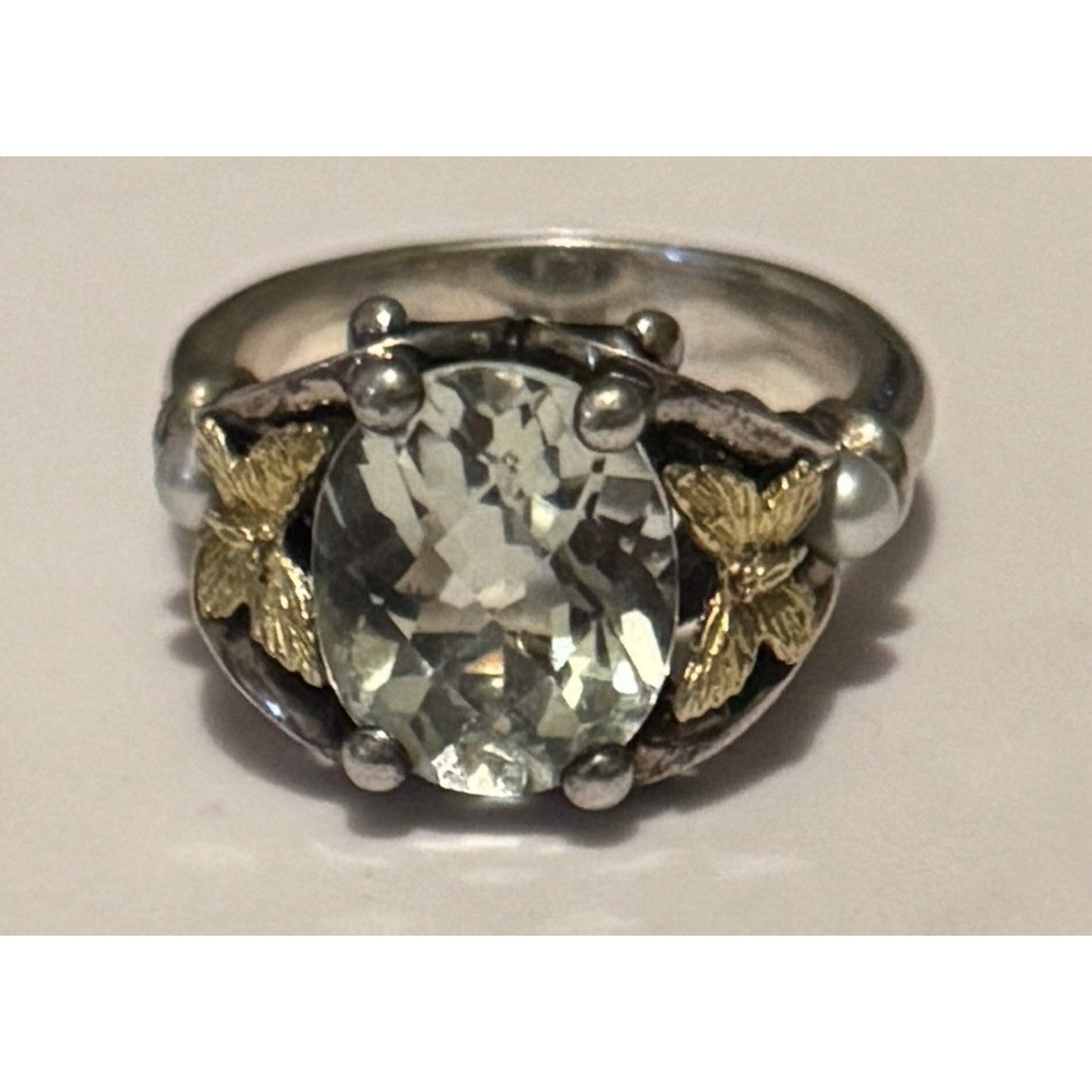 Vintage Ann King 925 18K Green Amethyst Prasiolite Pearl Butterfly Ring Sz 8.5