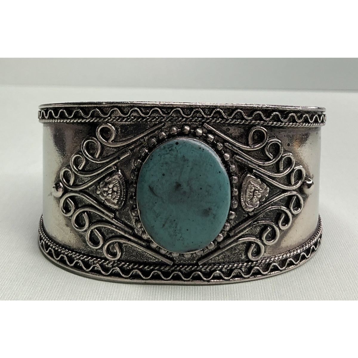 Sterling Silver Turquoise Cuff Bracelet 34g Wide Ornate Southwestern Style