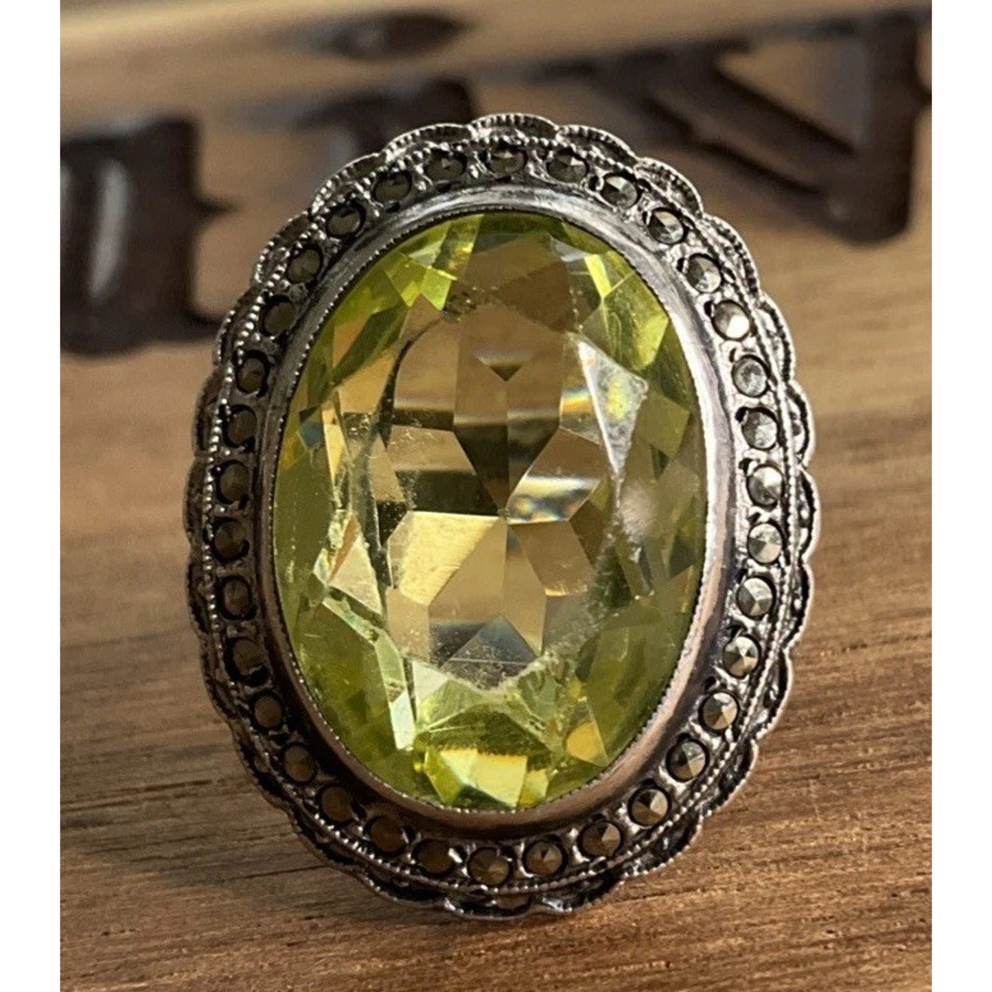 Vintage Sterling Silver Peridot Ring Size 5 Oval Yellow Green Gemstone Size 5