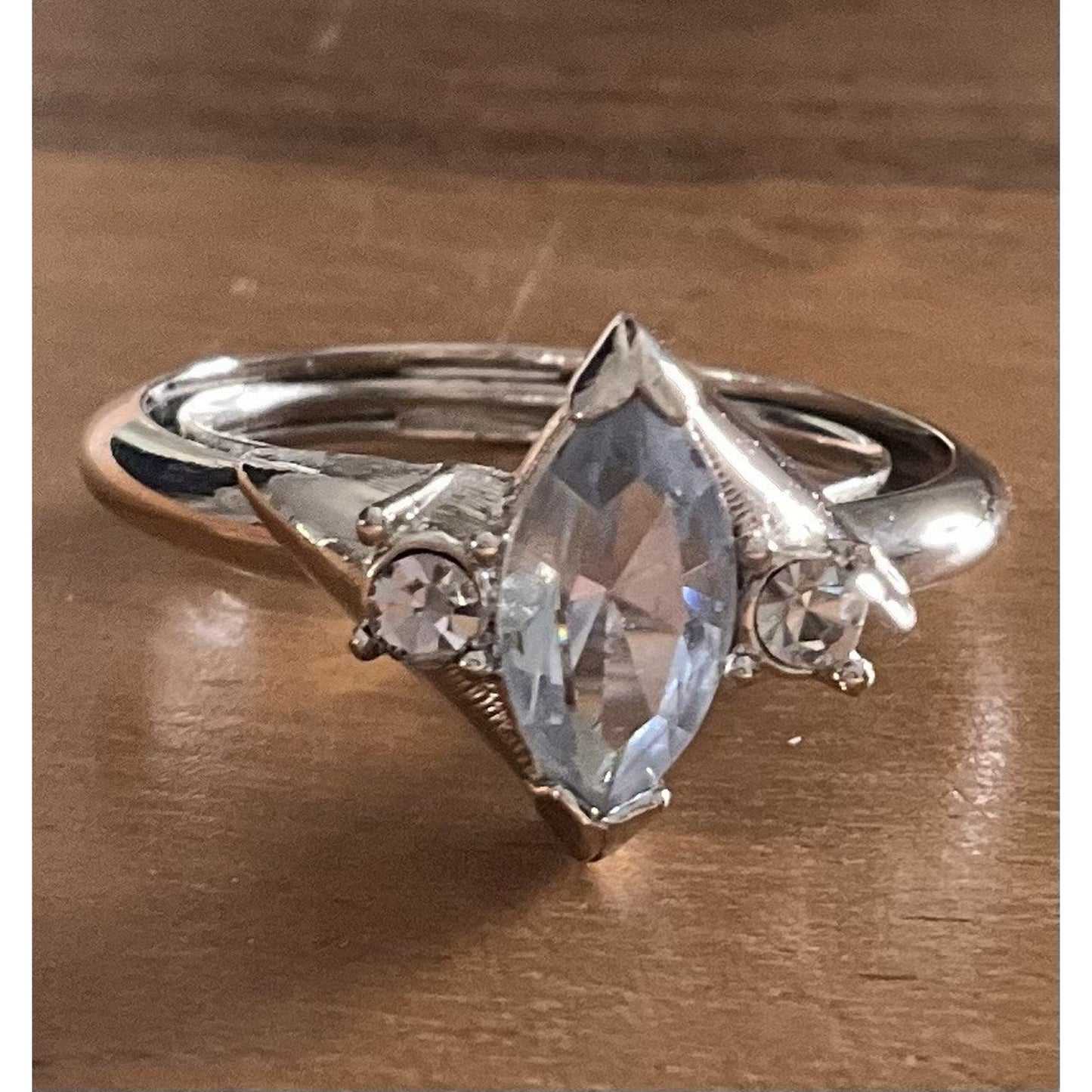Vintage Sterling Silver 925 Blue Topaz Marquise Ring w CZ Accents Size 8.5