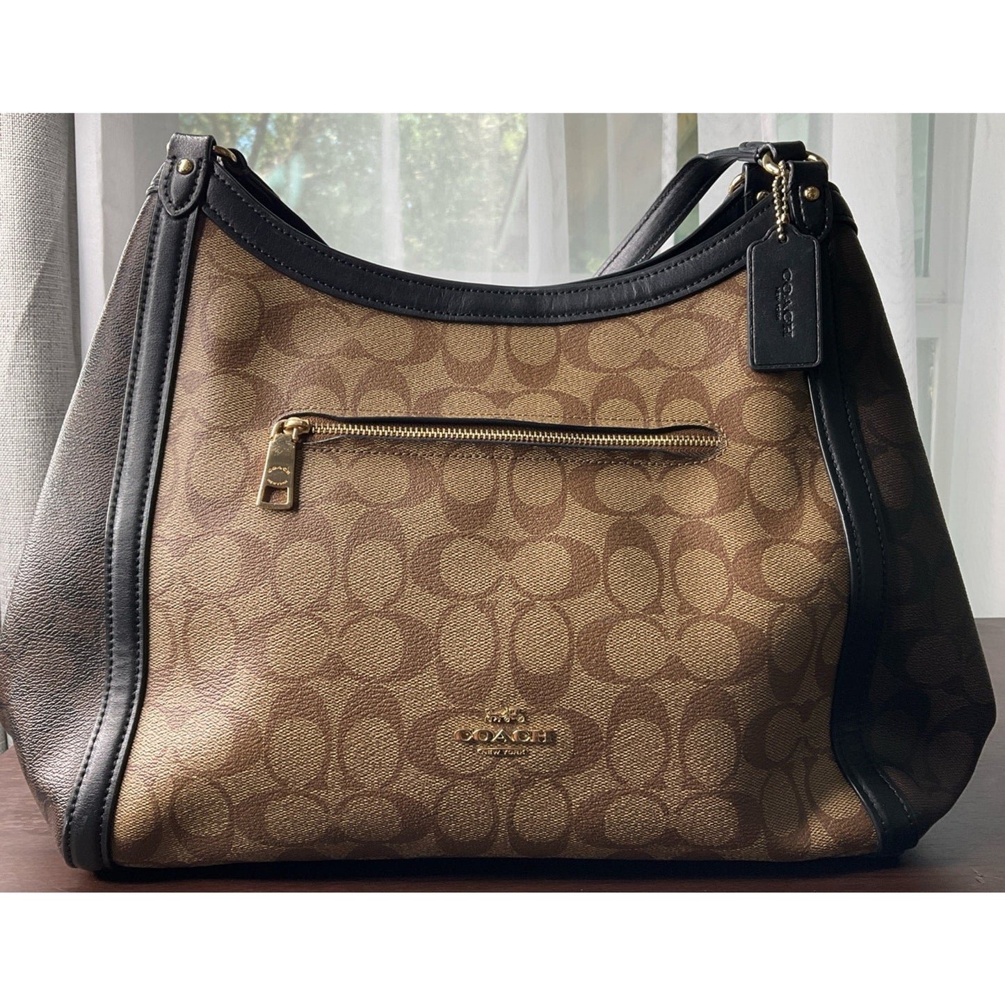 COACH KRISTY Shoulder Bag In Color Block Signature Canvas Khaki And Dark Brown