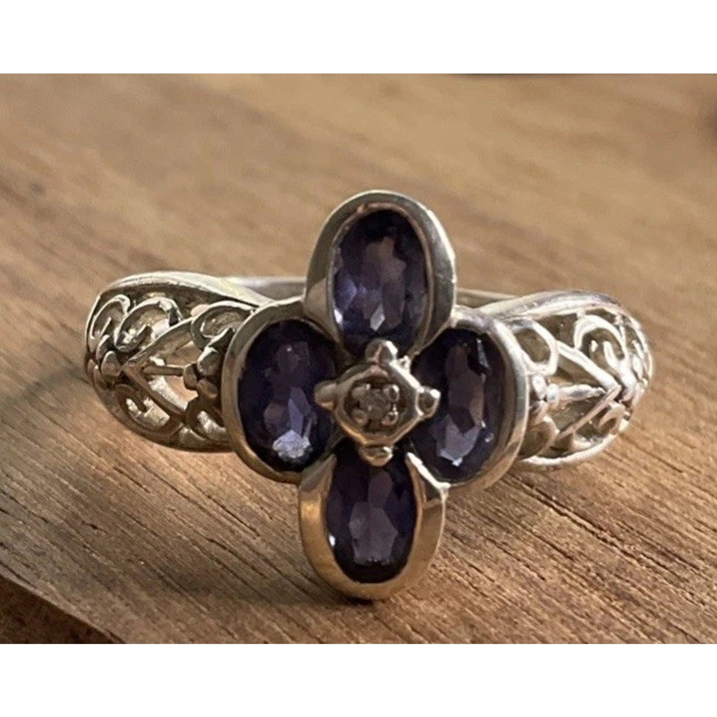 Vintage 925 Sterling Silver Amethyst Purple Gemstone Flower Ring Size 7.5
