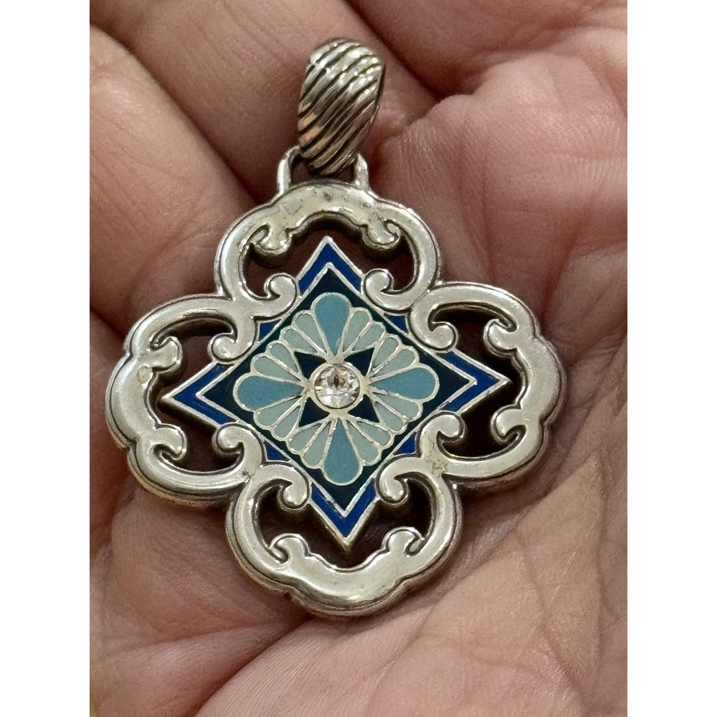 BRIGHTON Bella Capri Reversible Blue Enamel Mosaic Clover Silver Tone Pendant 2”