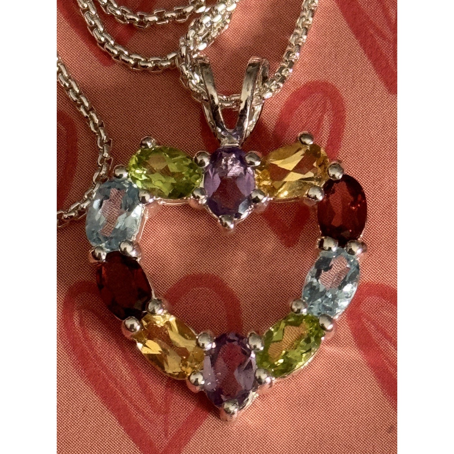 Vintage Sterling Silver Signed 925 HAN Gemstone Heart Pendant & Necklace circa 80s 90s