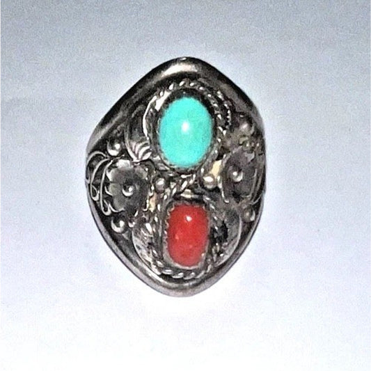 Vintage Native American Navajo Sterling Silver Ring with Turquoise & Coral Sz 12