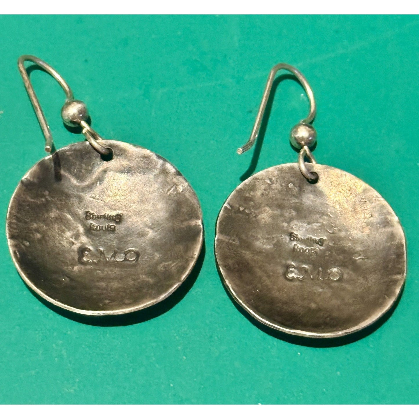 Vintage Sterling Silver Disc Earrings Signed EMD Modernist Textured Dangle Drop