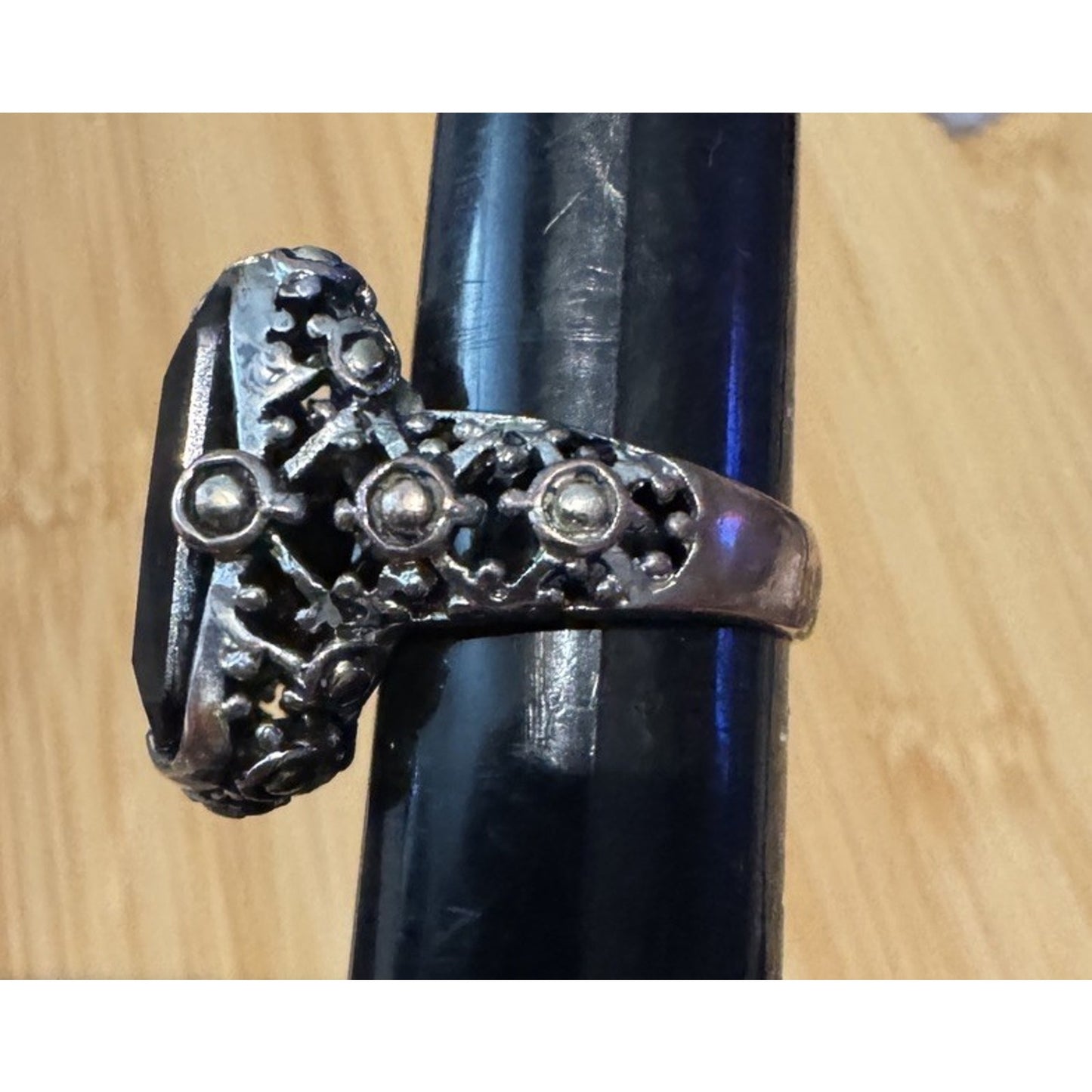 Vintage 18K GE Black Faceted Stone Cocktail Ring Gothic Victorian Revival Sz 8.5