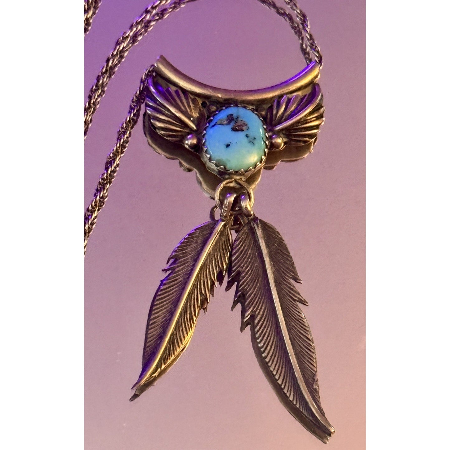 Vintage Sterling Silver Turquoise Wing Feather Pendant Necklace 16” 2.25” Tall