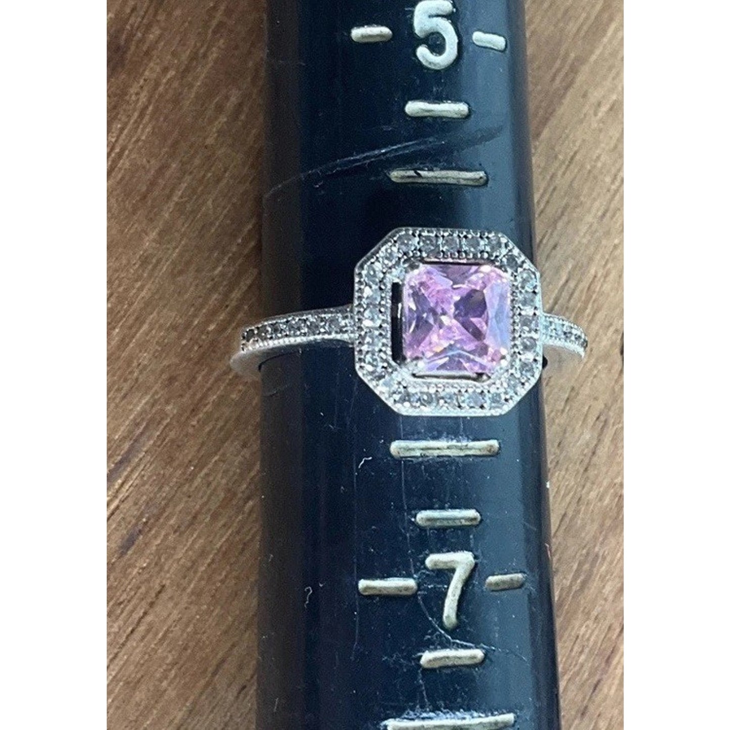 Sterling Silver Pink Stone Halo Ring Size 6 Princess Cut Engagement Style 925