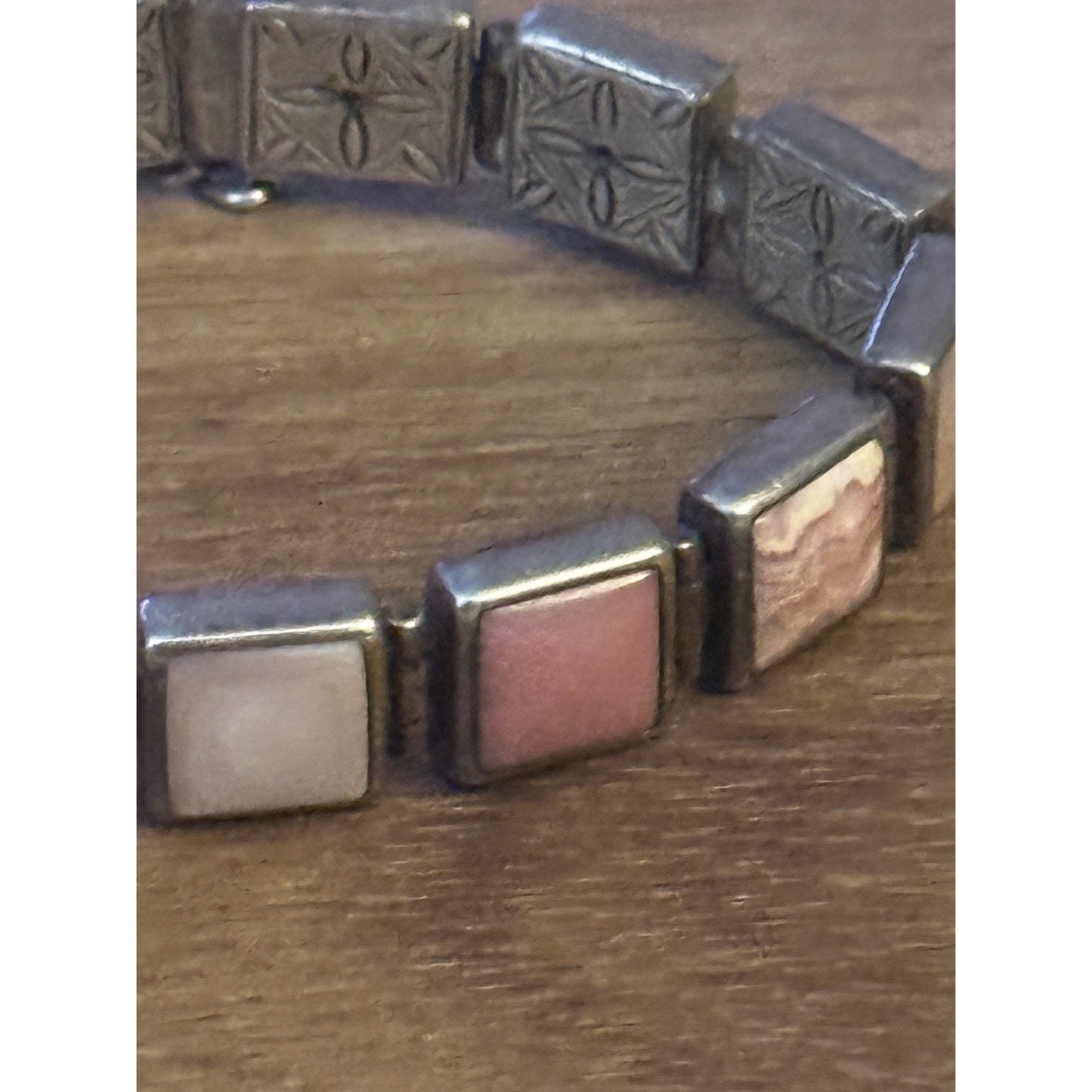 Sterling Silver Pink Shell & Stone Link Bracelet 7” WK 925 China 32.6g