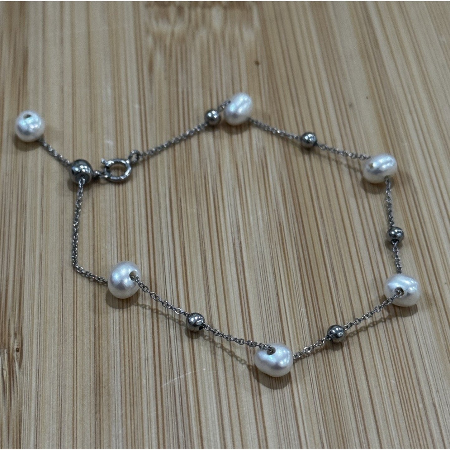 Vintage Sterling Silver Freshwater Pearl & Silver Bead Station Slider Bracelet