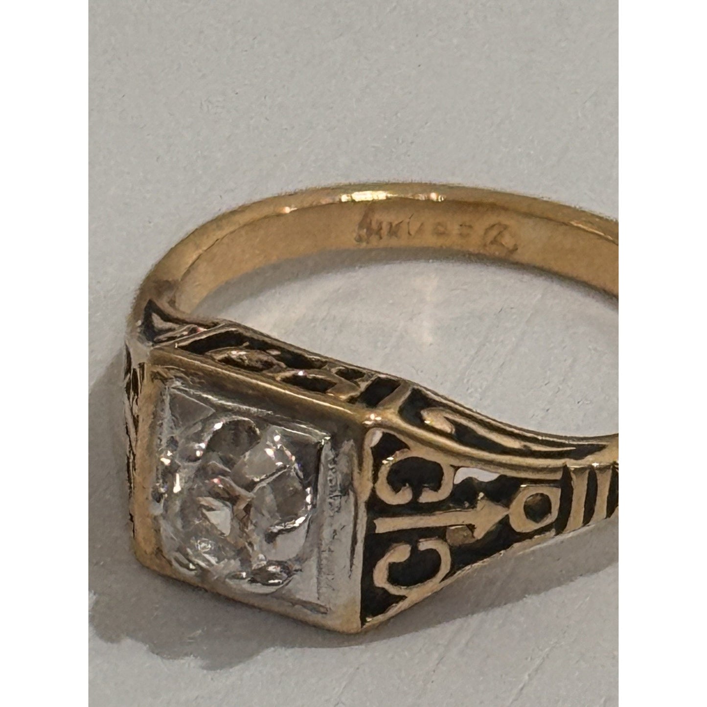 Vintage 18K HGE Yellow Gold Tone Illusion CZ Diamond Ring Art Deco Style 7.5