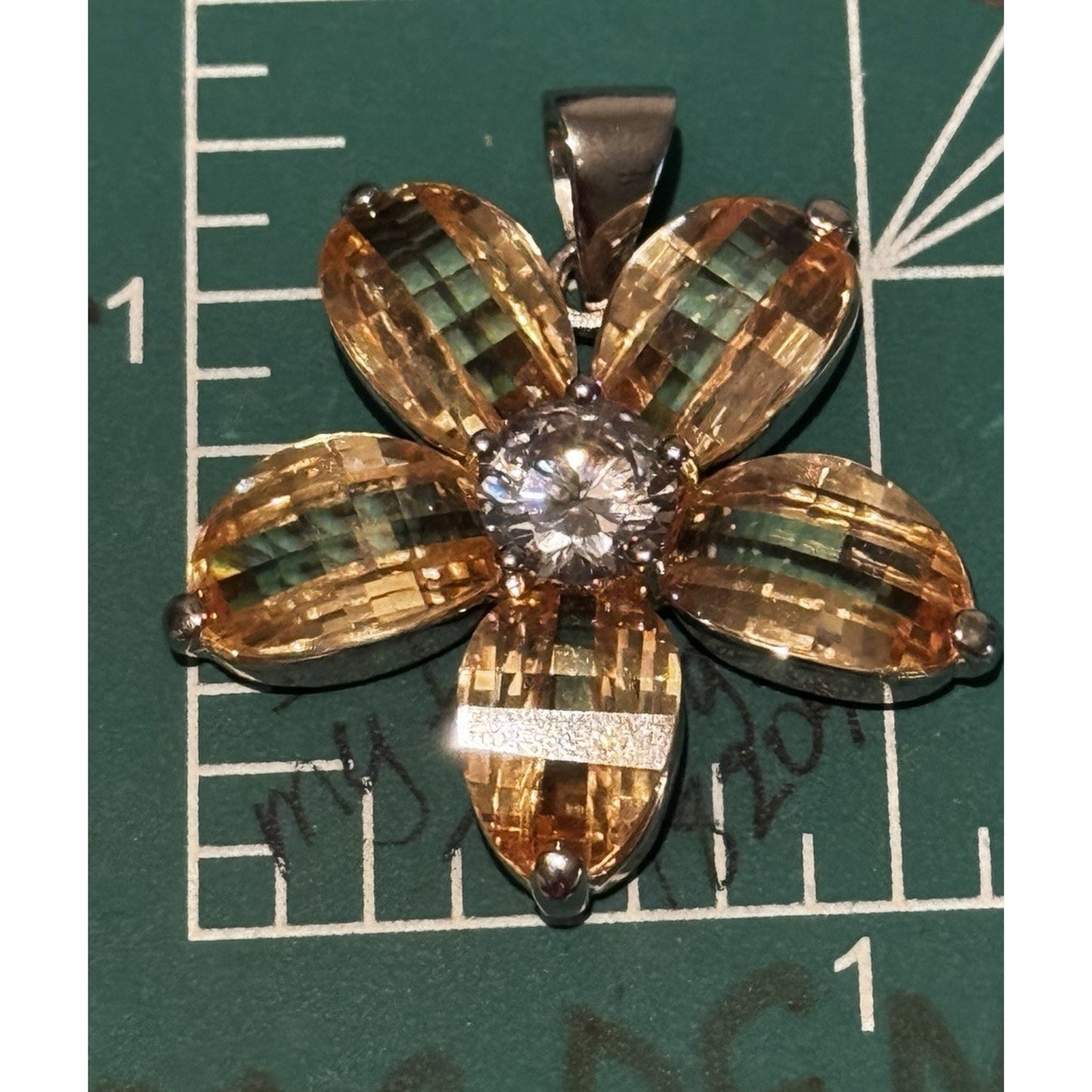 Vintage Sterling Silver Citrine Flower Pendant White Topaz Gem 925 11g