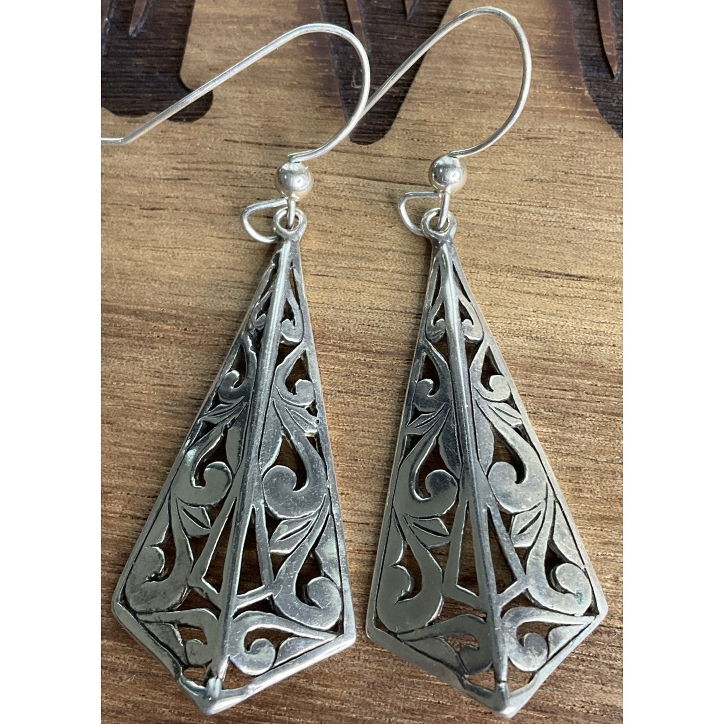 Vintage Sterling Silver Open Work Ornate Scroll Vine Hook Dangle Earrings Signed